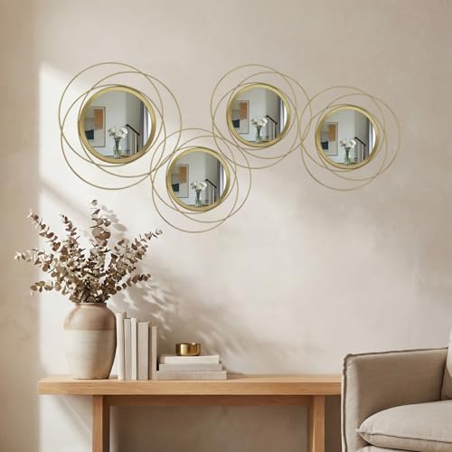 4 Piece Gold Round Wall Mirror Set Modern Metal Circles - Image 4