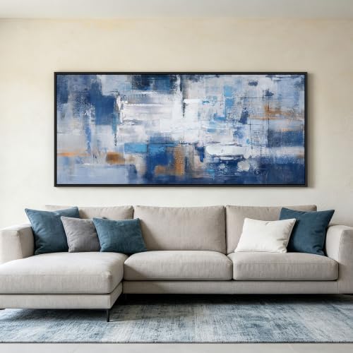KLAKLA Black Framed Blue Abstract Canvas Wall Art 70x31 Inch Large Artwork - Image 2