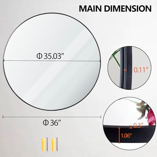 36 Inch Large Round Mirror, Metal Frame Wall Mirror Mounted Black Circle Mirrors - Image 3