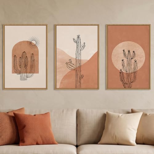 Large Boho Minimalist Cactus Framed Canvas Wall Art Set -16"x24"x3 by Ausril