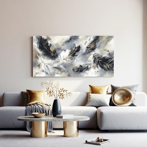 YISXINOAG Black White Abstract Wall Art Modern Feather Painting 20"X40" - Image 2