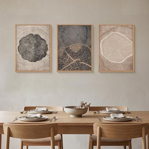 HOURIA Tree Ring Abstract Neutral Brown Framed Canvas Wall Art Set, Mid Century - Image 4