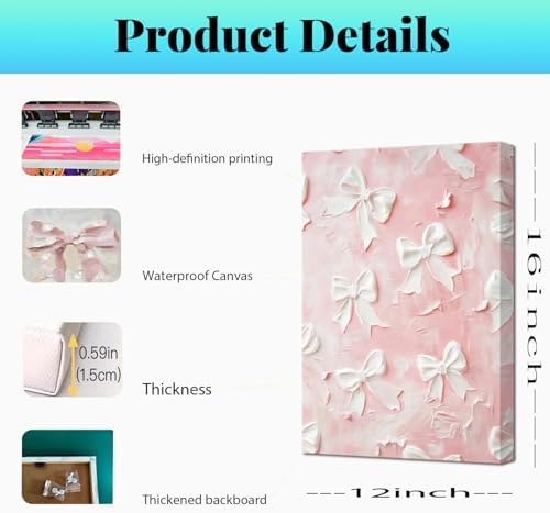 Pink Bow Canvas Wall Art Set of 3 Coquette Oil Painting Cute Bow Posters Wall - Image 3