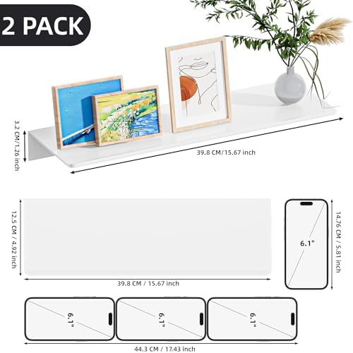 HNVNER Adhesive Wall Shelves 2 Pack, Metal Floating Shelf, Glossy White - Image 3