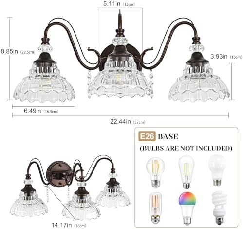 Vintage Bathroom Vanity Light, 3-Light Oil Rubbed Bronze Finish Wall Sconce - Image 6