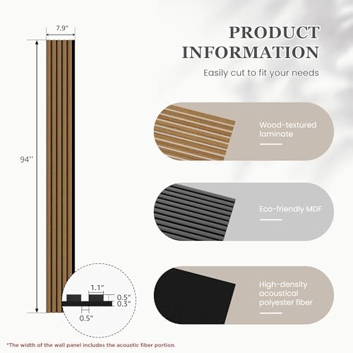 6 Pack Wood Salt Acoustic Wall Panels 94" x 7.9" x 0.8", Natural Oak - Image 3