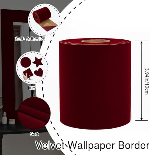 Dark Red Mirror Frame Border Velvet Fabric Wallpaper 3.94"x197" - Image 6