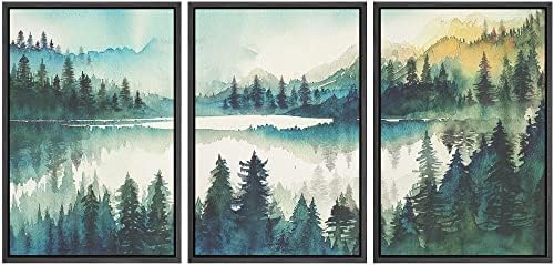 MUDECOR Framed Canvas Print Wall Art Set Watercolor Teal Emerald Green Mountain by MUDECOR