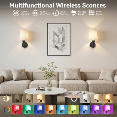 Battery Operated Wall Sconces Set of 2, Remote Control, RGB Bulb - Image 2