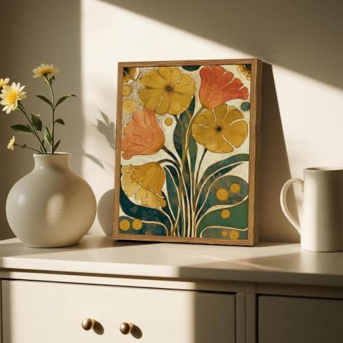Framed Boho Floral Wall Art, Mid Century Modern Vintage Flower Pictures Wall - Image 4