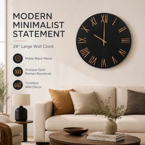 Large Wall Clock 24 Inch, Distressed Gold Roman Numerals - Image 3