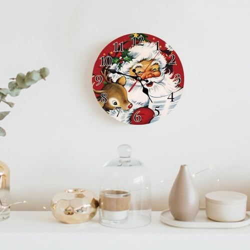 Christmas Vintage Santa Claus and Reindeer Wall Clock, Silent Non Ticking Round - Image 4