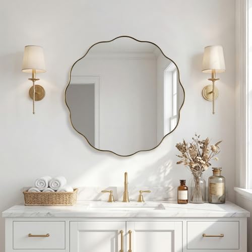 ANDY STAR Brushed Gold Round Wall Mirror 24 Inch, Brass Round Bathroom Mirrors by ANDYSTAR