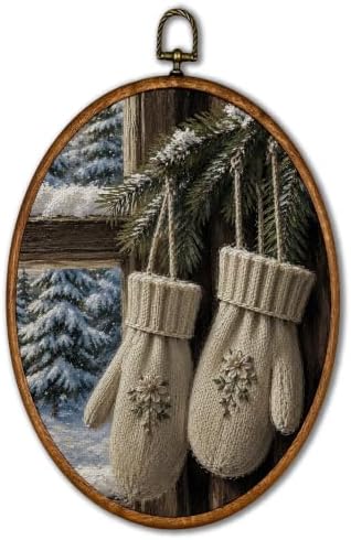 KSDUT Vintage Christmas Mittens Rustic Winter Oval Wall Art 8.6"x11.4" by KSDUT