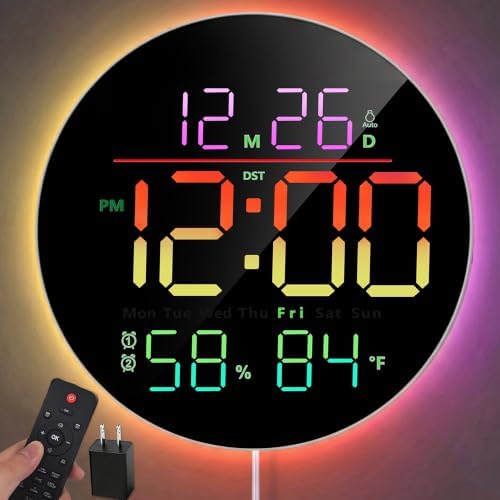 10" Round Digital Wall Clock for Bedroom, 13-Color RGB Model Large LED Display by Tempospark