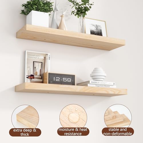 fuqing 30 Inch Floating Shelves 6.7'' Deep Natural Wood Shelves Set of 2 - Image 5