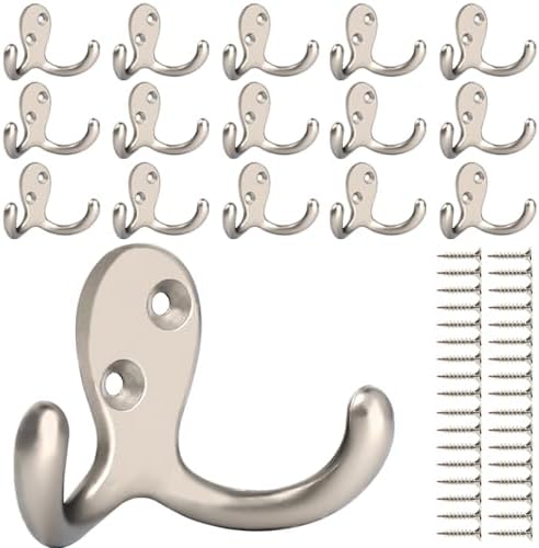 IBosins 16 Pack Silvery Double Prong Coat Hooks Wall Mounted by IBosins