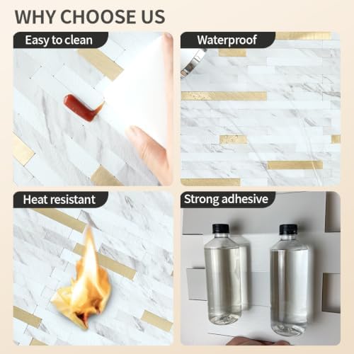 DICOFUN 20 Sheets White Marble Peel and Stick Backsplash, PVC Mixed Metal Gold - Image 5