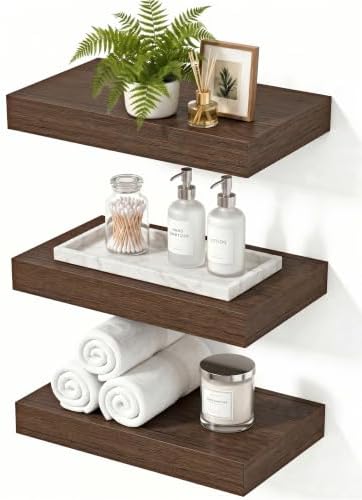 Walnut Floating Shelves for Wall, 12 Inch Wooden Shelves Set of 3 by Mifurn