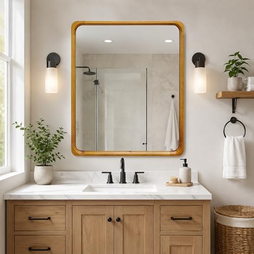 Tanmicoshomy Natural Wood Framed Bathroom Mirror 30 x 36 Inch - Image 2