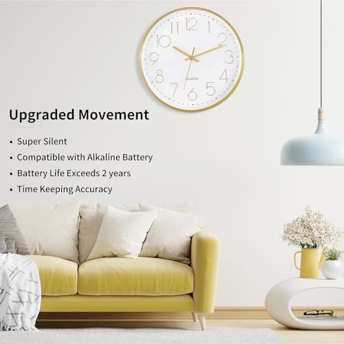 Foxtop 12" Gold Wall Clock Silent Battery Operated Modern Metal Clock - Image 3