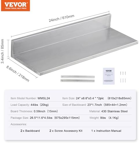 VEVOR 8.6" x 24" -2Pack Stainless Steel Shelf, Wall Mounted Floating Shelving - Image 3