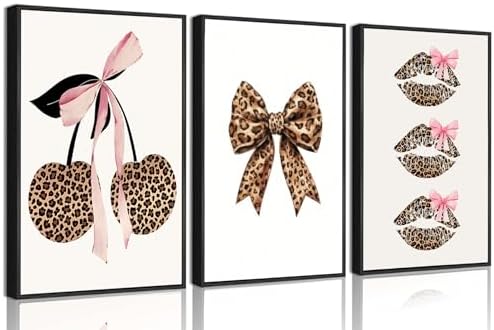 YZLYAD 3Pcs Trendy Leopard Print Wall Art, Fashion Bow Cherry Lips Y2k Poster by YZLYADWALLART