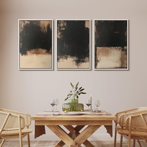 MUDECOR Framed Canvas Print Wall Art Dark Abstract Black and Beige Minimalist by MUDECOR