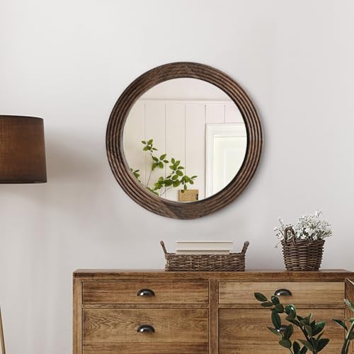 LOSOUR Round Mirror, Farmhouse Decor Solid Wood Frame Wall Circle Mirror by LOSOUR