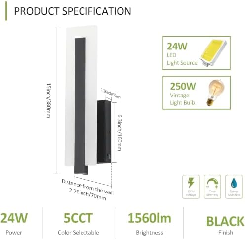 Tipace Hardwired Black Dimmable Modern LED Wall Sconce 2 Packs 3000K 3500K - Image 4