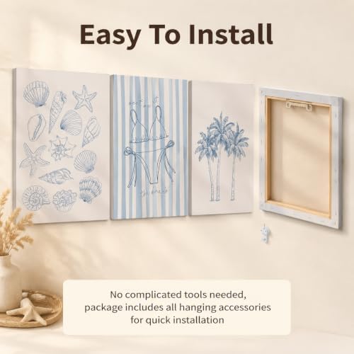 Setris 3Pcs Blue Coastal Wrapped Canvas Wall Art, Preppy Beach Summer Decor - Image 5
