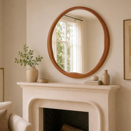 Warm Walnut 36 Inch Round Wood Wall Mirror, Asymmetrical Inner Edge - Image 7