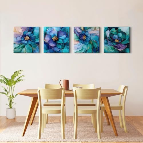 Teal Blue and Gold Canvas Wall Art Abstract Wall Decor Flowers Picture Colorful - Image 2