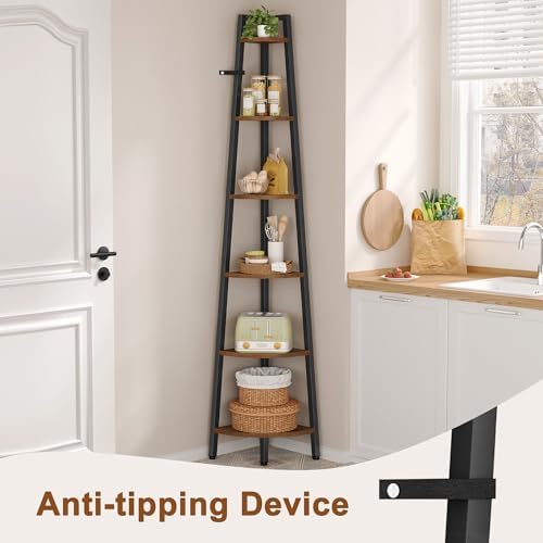Hoctieon Corner Shelf, 6-Tier Corner Bookshelf, Rustic Ladder Shelf, Industrial - Image 5