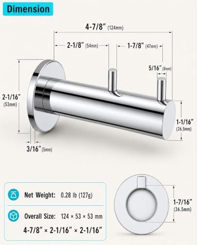 CJQ Double Heavy Duty wall Hooks, 304 Stainless Steel, Chrome Polished - Image 6