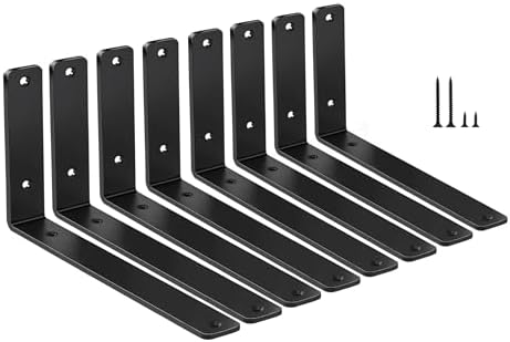 8 Pack - L 10" x H 6" x W1.5, 5mm Thick Black L Shelf Bracket, Iron Shelf by MHMYDZ