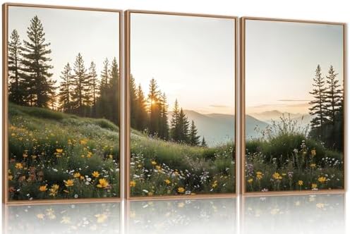 FWIEXA Green Forest Mountain Framed Canvas Wall Art Set, Wildflower Meadow Wall by FWIEXA