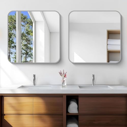 Silver Bathroom Mirror, 30 x 30 Inch Silver Square Mirror, Metal Framed - Image 4