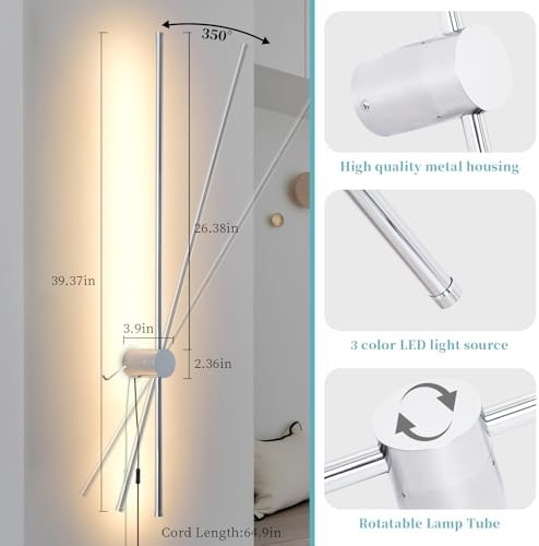KELUOLY Dimmable Plug in Wall Sconce Set of 2, Chrome 39.37" LED Wall Light - Image 5