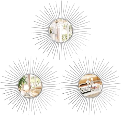 3 Pack Metal Mirrors for Wall Sunburst Wall Mirror Silver Wall Art Décor by Uaussi