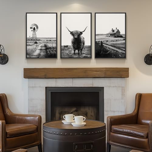 Framed Highland Cow Wall Art for Living Room, 3 Piece Black and White Farmhouse - Image 3