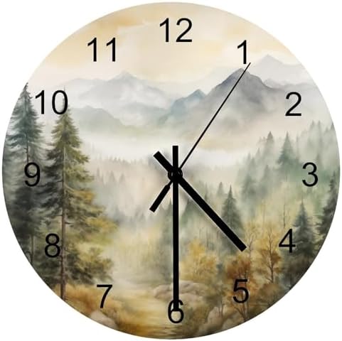 Forest Wall Clock, Watercolor Mountain Forest Nature Tree Woodland Round Clocks by LOMADIA