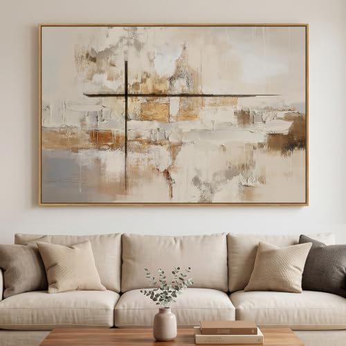 Extra Large Framed Neutral Beige Abstract Wall Art, Horizontal 60x40 In by Cuspin