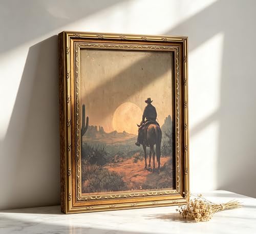 Vintage Gold Framed Western Wall art, Cowboy Riding Away Oil Painting Canvas - Image 2