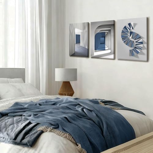 NCCXNCC 3pcs Blue-Grey Abstract Canvas Wall Art, 12x16 Inches Framed - Image 3