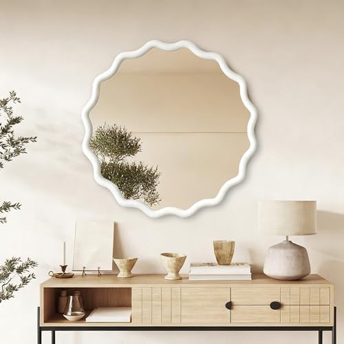 GDFStudio 36 Inch Wavy Round Solid Wood Frame Mirror, Bohemian Decorative Wall - Image 3