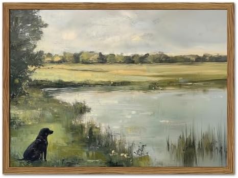 Framed Vintage Hunting Black Dog Wall Art, Rustic Country Nature Landscape by Unknown