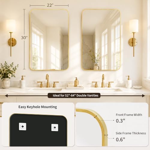 2-Pack 22x30 Inch Brushed Gold Rounded Rectangle Vanity Mirrors - Image 2