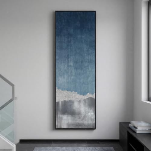 Large Framed Blue Gray Landscape Abstract Wall Art, Long Vertical 20x60 In by Cuspin