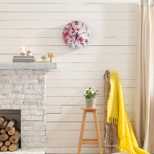 Wall Clock, Watercolor Pink Cherry Blossoms Silent Non Ticking Clock, Modern - Image 2